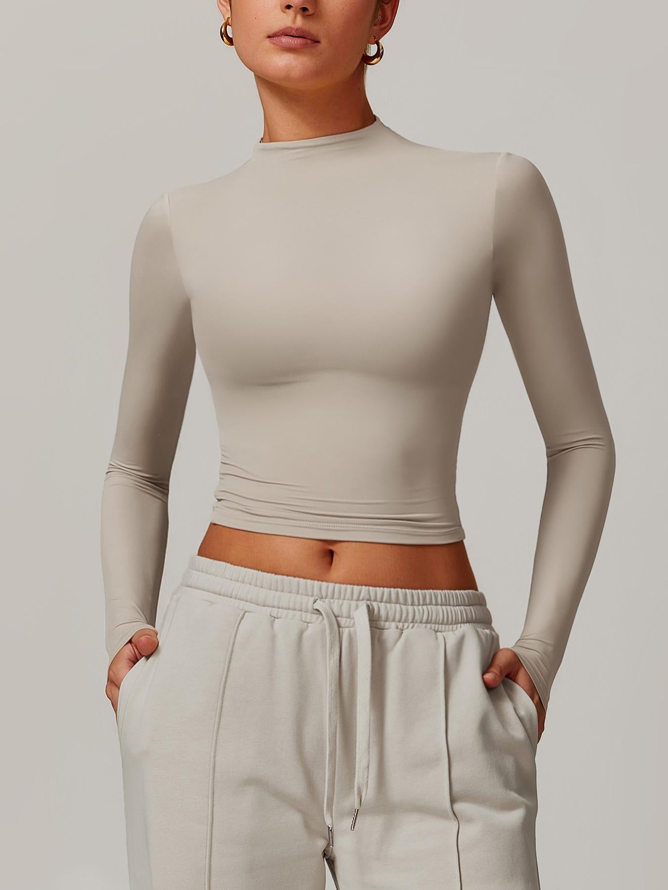 Women's Solid Mock Neck Sports Tee, Quick-Dry Breathable Long Sleeve T-Shirt for Yoga - image 13