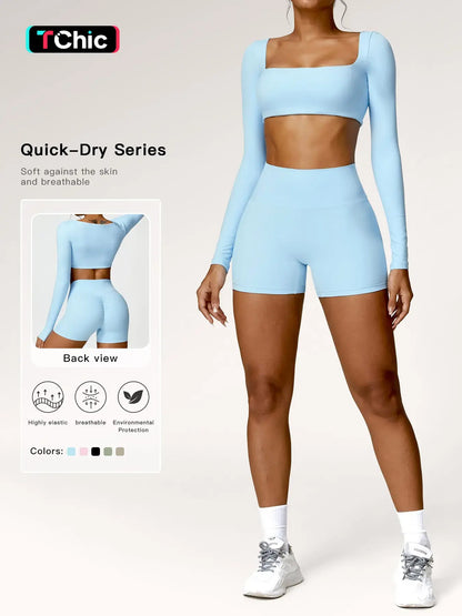 Women's Solid Long Sleeve Crop Tee & High Waist Shorts Tracksuit Set, Sporty Square Neck Top & Short…