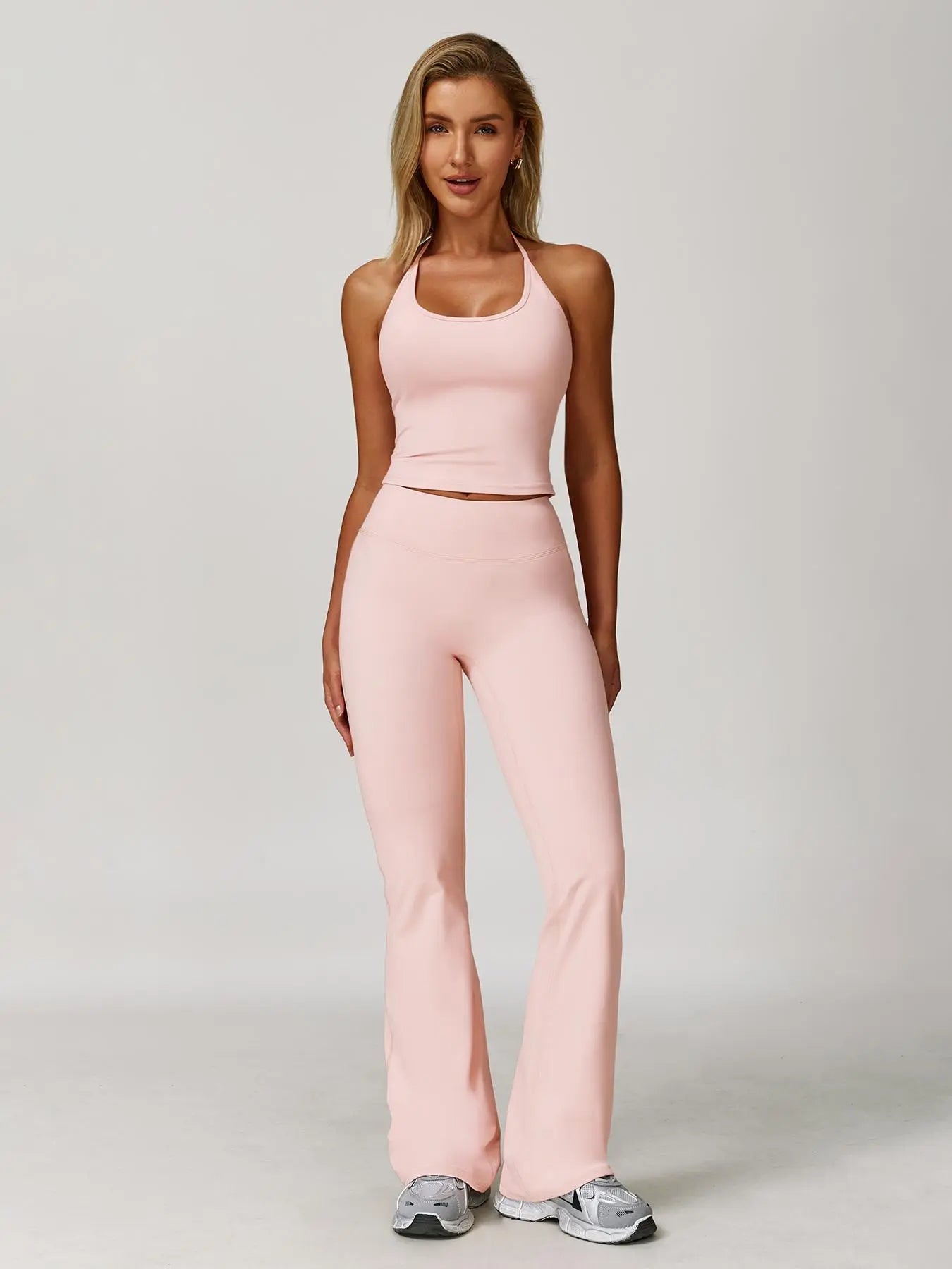 Women's Solid Backless Halter Top & Pants Sports Set, Casual Sporty Two-piece Outfits for Yoga Gym…
