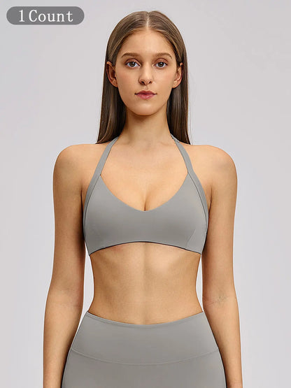 Cross-Border Plush Halter Neck Design Stretch Sports Bra, Hollow Back Yoga Innerwear