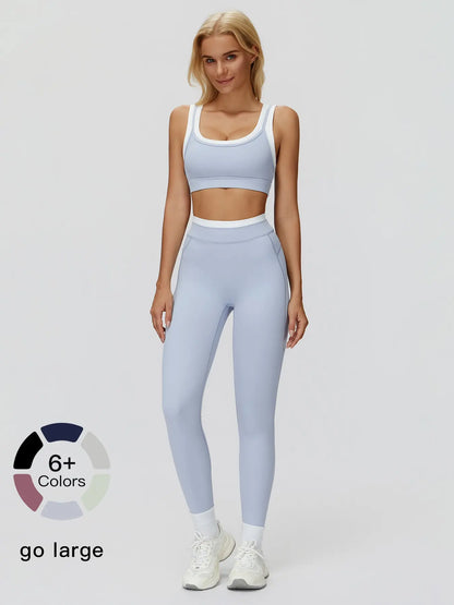 Women's Two-Piece Colorblock Yoga Set, High-Waisted Ribbed Casual Fitness Sportswear - image 4
