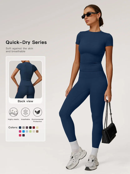 Women's Solid Color Top & High Waist Leggings Sports Set, Casual Comfy Breathable Two-piece Sports…