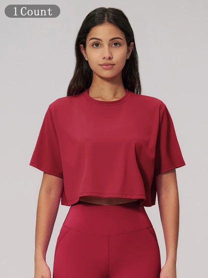 Women's Sporty Short Sleeve Yoga Top, Loose Fit Round Neck Crop Tee