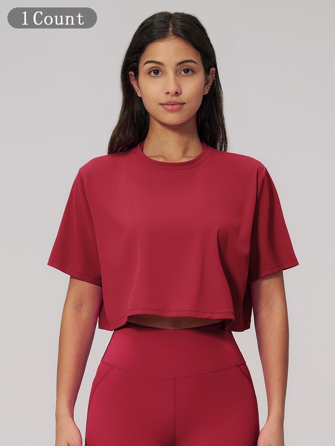 Women's Sporty Short Sleeve Yoga Top, Loose Fit Round Neck Crop Tee - image 23
