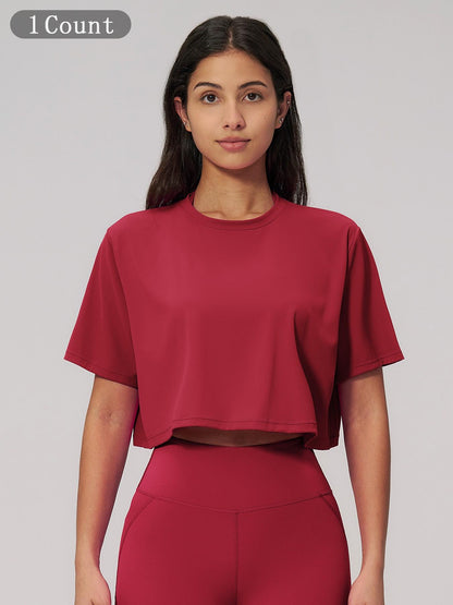 Women's Sporty Short Sleeve Yoga Top, Loose Fit Round Neck Crop Tee - image 23