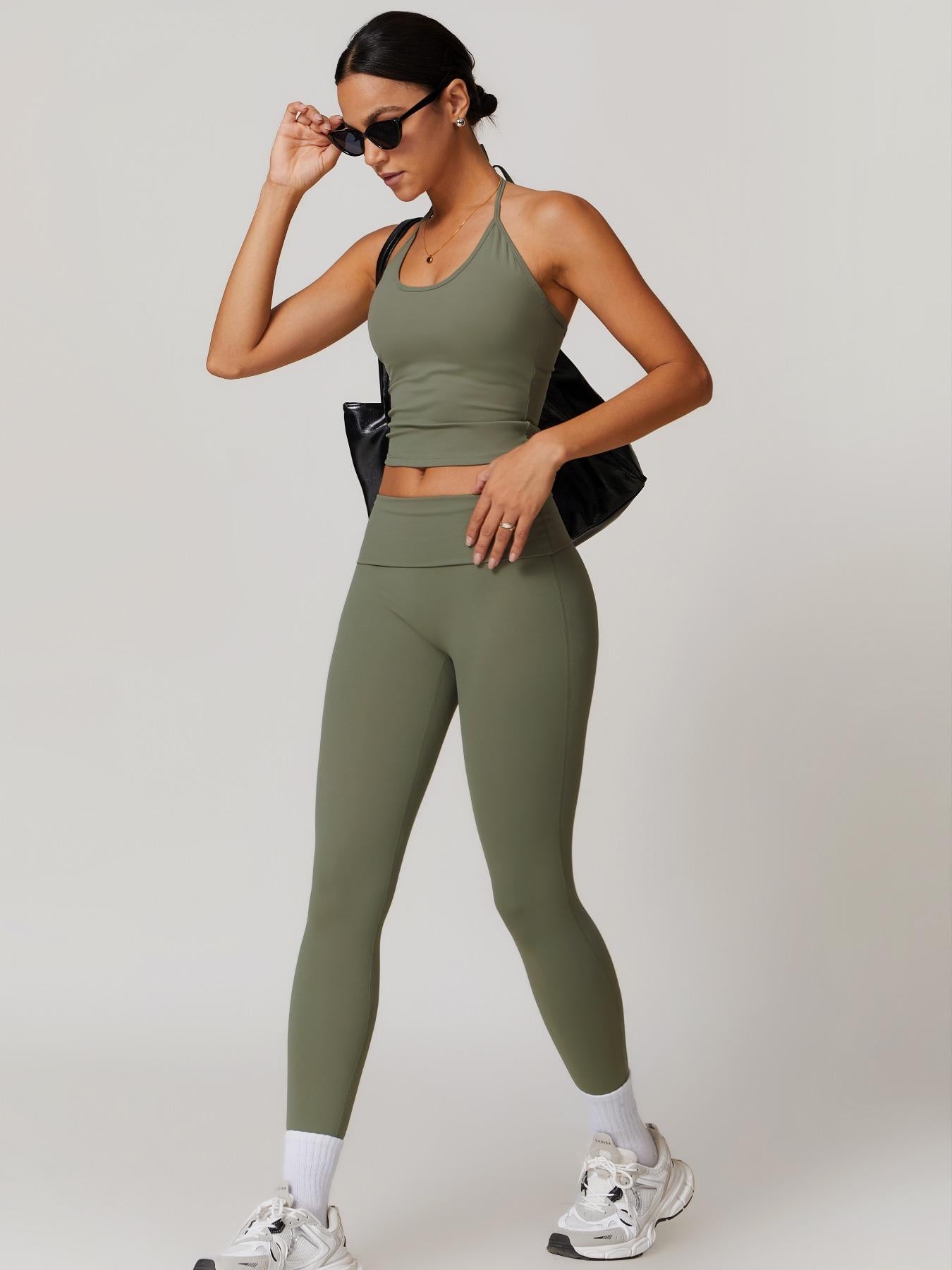 Two-Piece Set Women's Solid Backless Halter Crop Top & Fold Over Waist Leggings Tracksuit Set, Casual… - image 19